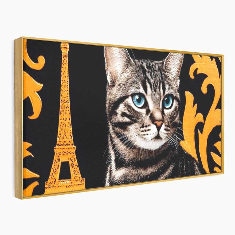 Tablou Canvas Premium, LuxCanva® M1194, Paris in Ochi Albastri, Pisica, Abstract, Franta, Dungi, Urban, Sofisticat, Desen, Blana, Felina, Auriu, Ochi, Birou, Living, Camera Copil