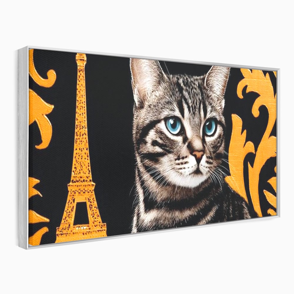 Tablou Canvas Premium, LuxCanva® M1194, Paris in Ochi Albastri, Pisica, Abstract, Franta, Dungi, Urban, Sofisticat, Desen, Blana, Felina, Auriu, Ochi, Birou, Living, Camera Copil