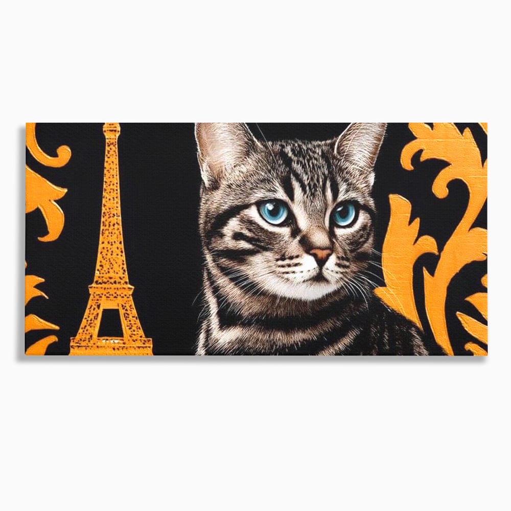 Tablou Canvas Premium, LuxCanva® M1194, Paris in Ochi Albastri, Pisica, Abstract, Franta, Dungi, Urban, Sofisticat, Desen, Blana, Felina, Auriu, Ochi, Birou, Living, Camera Copil