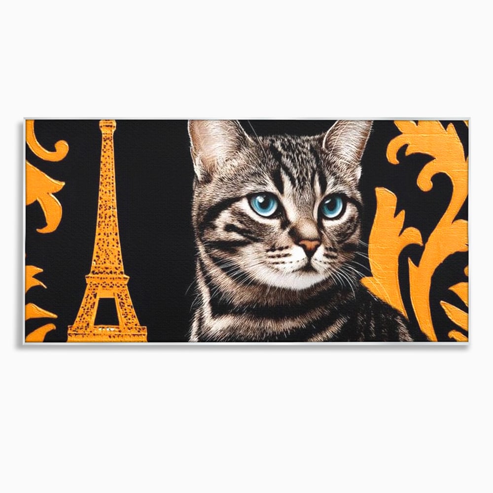 Tablou Canvas Premium, LuxCanva® M1194, Paris in Ochi Albastri, Pisica, Abstract, Franta, Dungi, Urban, Sofisticat, Desen, Blana, Felina, Auriu, Ochi, Birou, Living, Camera Copil