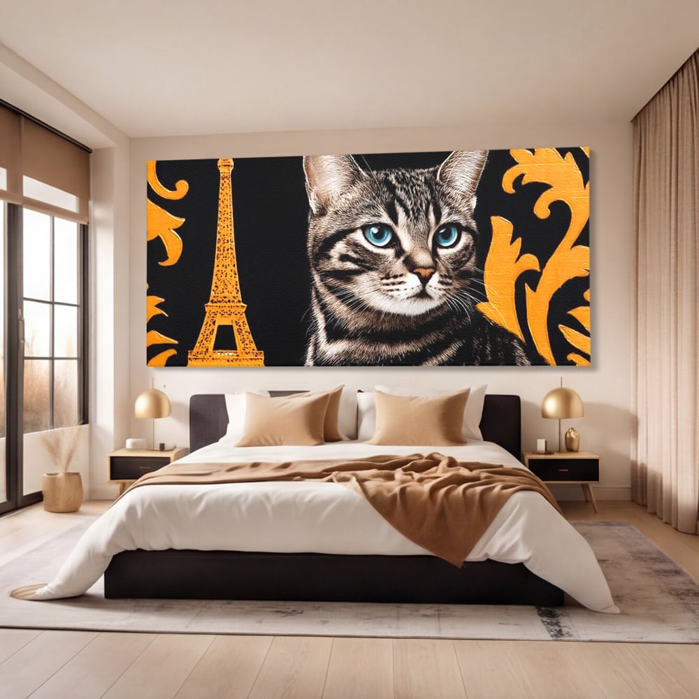 Tablou Canvas Premium, LuxCanva® M1194, Paris in Ochi Albastri, Pisica, Abstract, Franta, Dungi, Urban, Sofisticat, Desen, Blana, Felina, Auriu, Ochi, Birou, Living, Camera Copil
