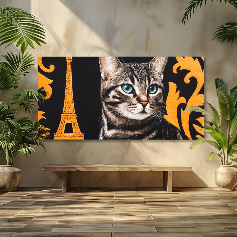 Tablou Canvas Premium, LuxCanva® M1194, Paris in Ochi Albastri, Pisica, Abstract, Franta, Dungi, Urban, Sofisticat, Desen, Blana, Felina, Auriu, Ochi, Birou, Living, Camera Copil