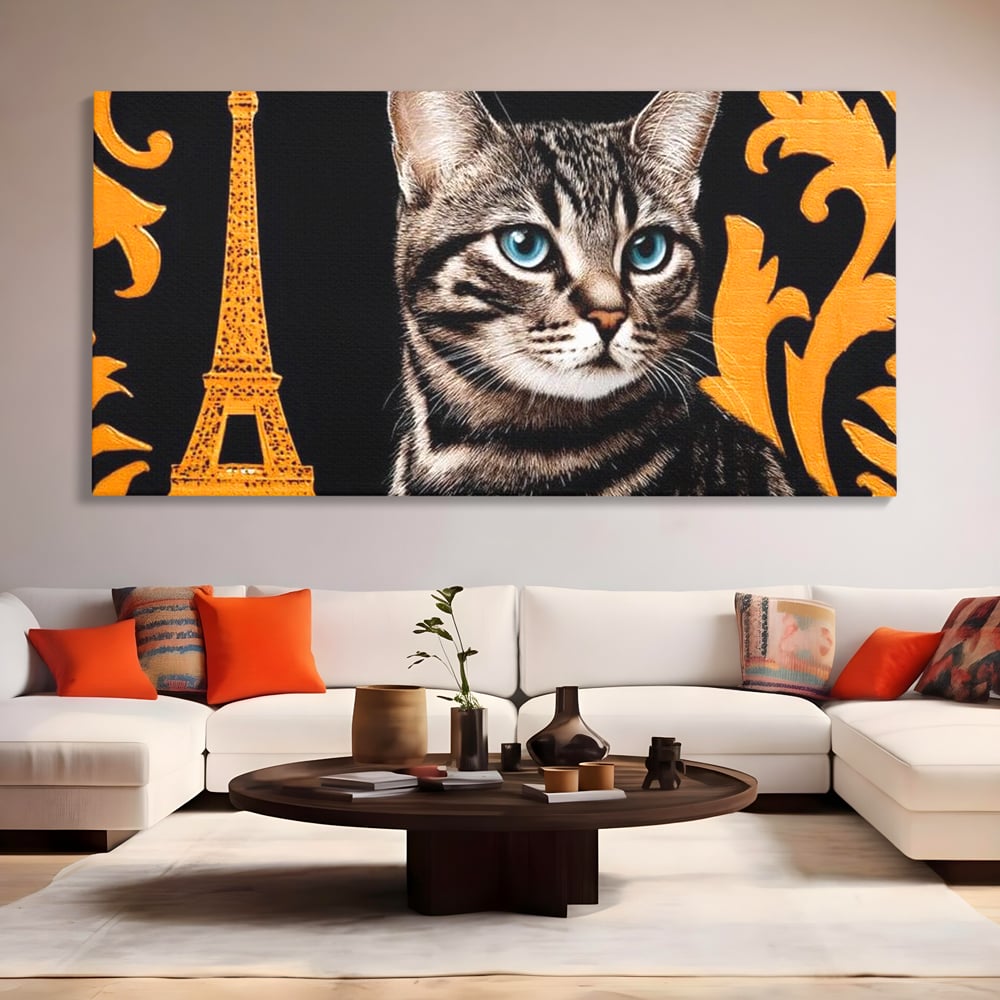 Tablou Canvas Premium, LuxCanva® M1194, Paris in Ochi Albastri, Pisica, Abstract, Franta, Dungi, Urban, Sofisticat, Desen, Blana, Felina, Auriu, Ochi, Birou, Living, Camera Copil