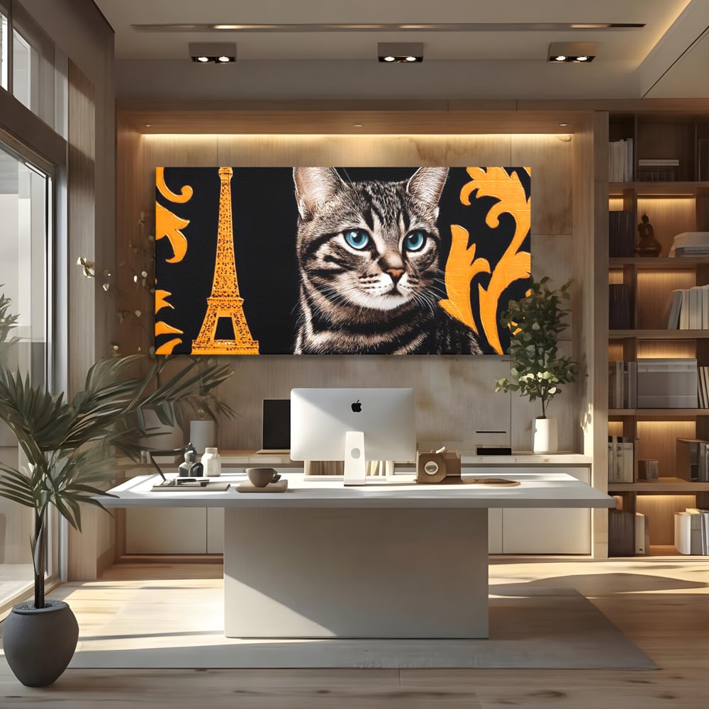 Tablou Canvas Premium, LuxCanva® M1194, Paris in Ochi Albastri, Pisica, Abstract, Franta, Dungi, Urban, Sofisticat, Desen, Blana, Felina, Auriu, Ochi, Birou, Living, Camera Copil