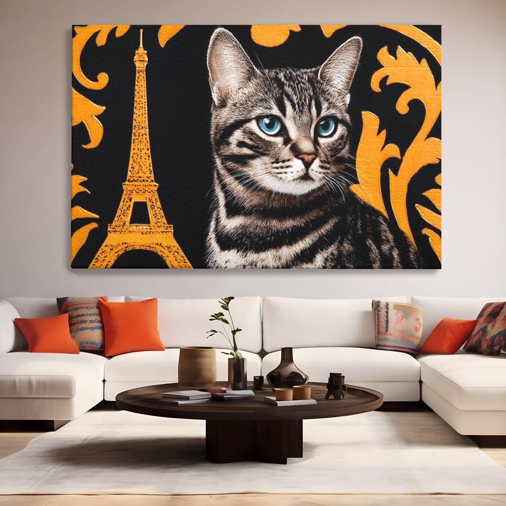 Tablou Canvas Premium, LuxCanva® M1194, Paris in Ochi Albastri, Pisica, Abstract, Franta, Dungi, Urban, Sofisticat, Desen, Blana, Felina, Auriu, Ochi, Birou, Living, Camera Copil