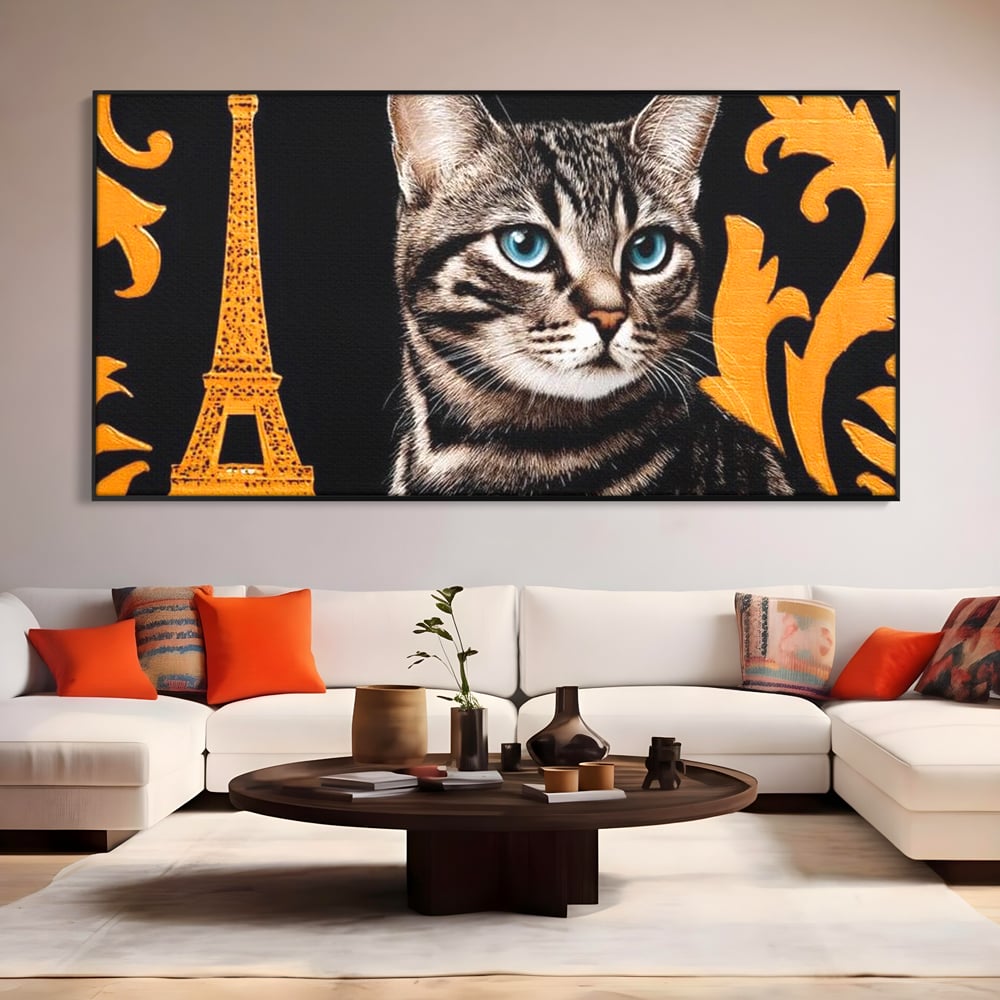 Tablou Canvas Premium, LuxCanva® M1194, Paris in Ochi Albastri, Pisica, Abstract, Franta, Dungi, Urban, Sofisticat, Desen, Blana, Felina, Auriu, Ochi, Birou, Living, Camera Copil