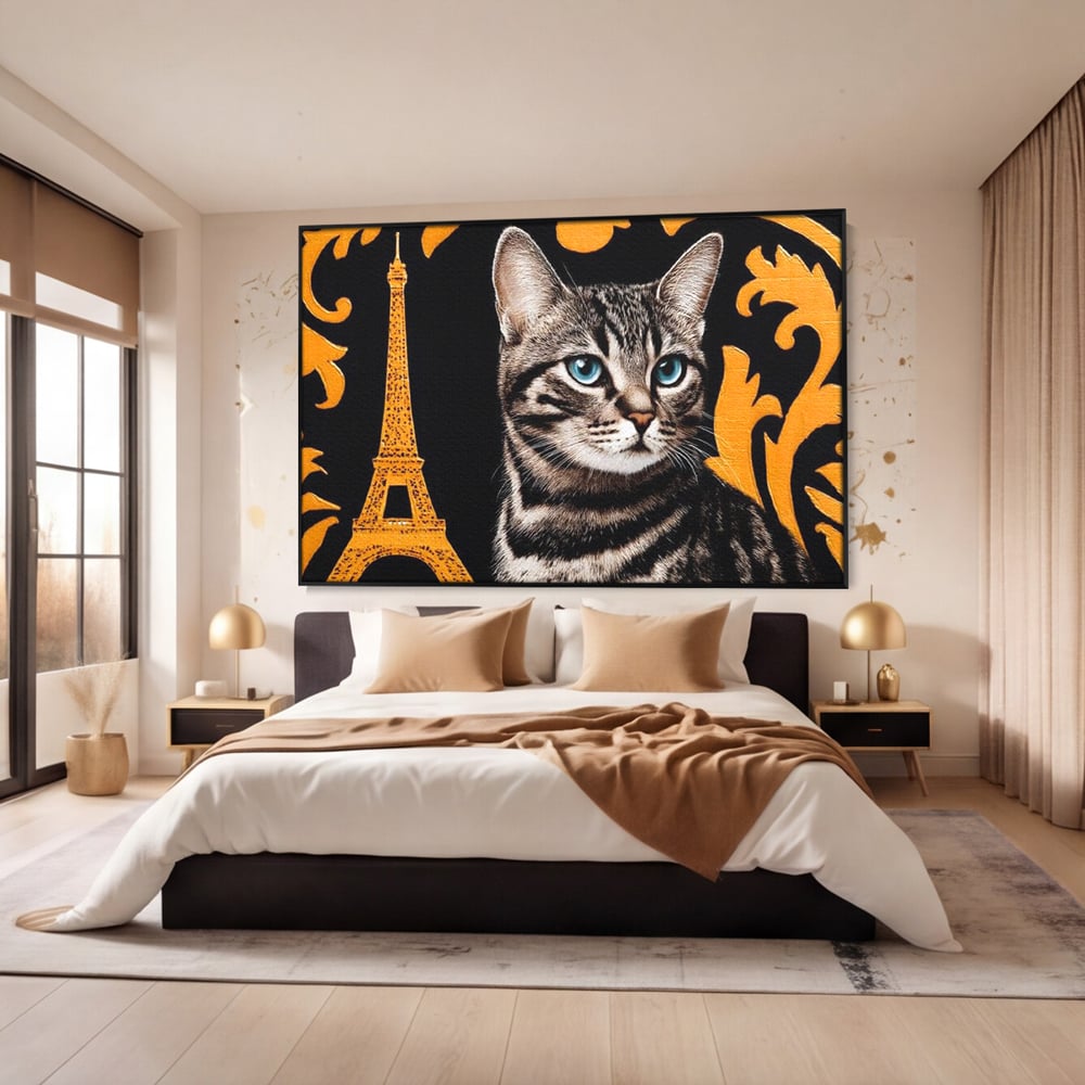 Tablou Canvas Premium, LuxCanva® M1194, Paris in Ochi Albastri, Pisica, Abstract, Franta, Dungi, Urban, Sofisticat, Desen, Blana, Felina, Auriu, Ochi, Birou, Living, Camera Copil