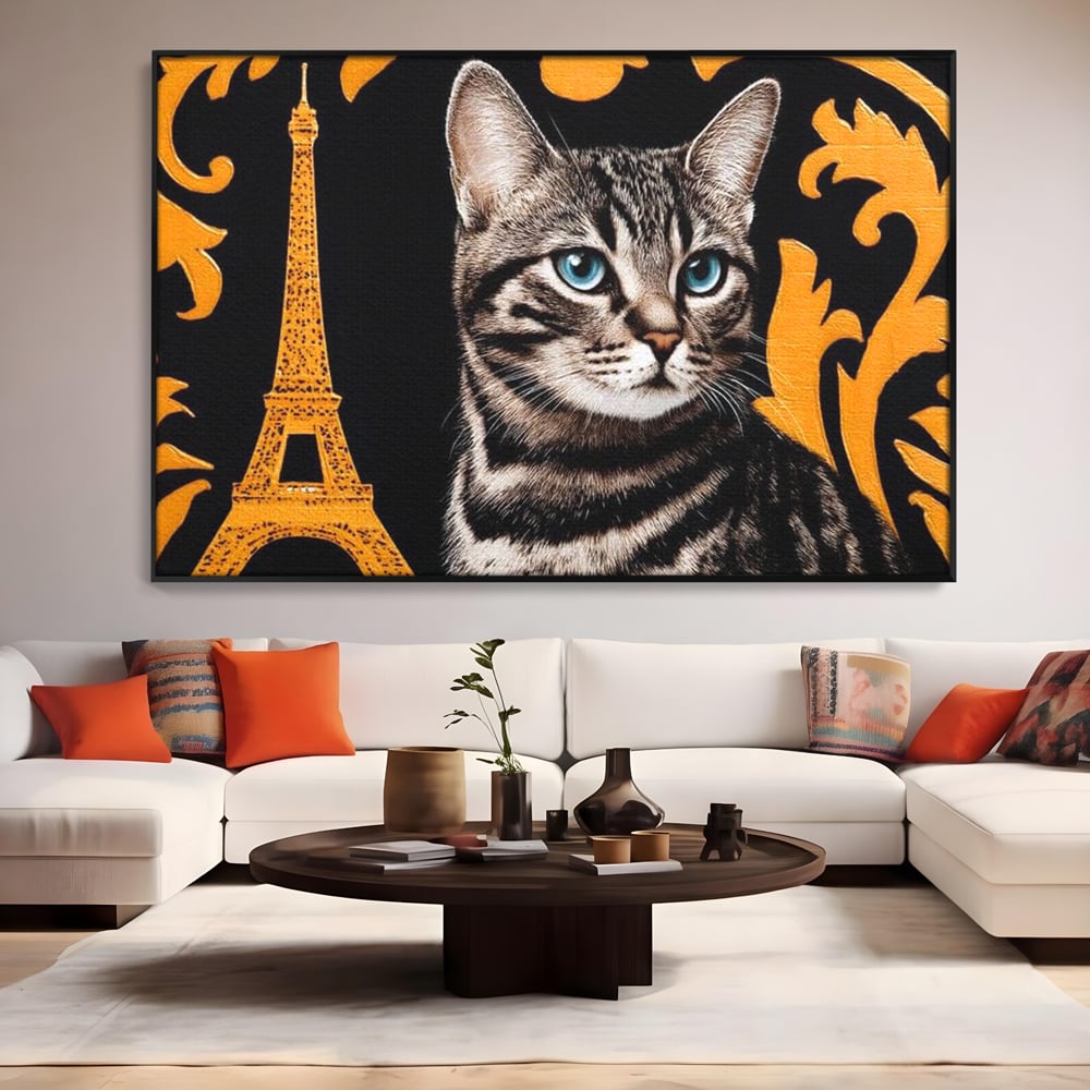 Tablou Canvas Premium, LuxCanva® M1194, Paris in Ochi Albastri, Pisica, Abstract, Franta, Dungi, Urban, Sofisticat, Desen, Blana, Felina, Auriu, Ochi, Birou, Living, Camera Copil