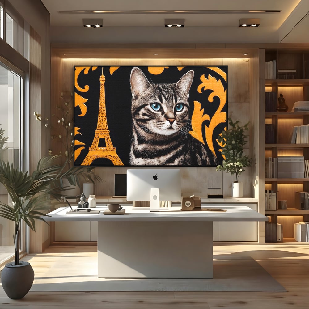 Tablou Canvas Premium, LuxCanva® M1194, Paris in Ochi Albastri, Pisica, Abstract, Franta, Dungi, Urban, Sofisticat, Desen, Blana, Felina, Auriu, Ochi, Birou, Living, Camera Copil