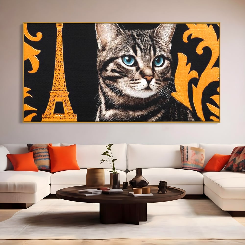 Tablou Canvas Premium, LuxCanva® M1194, Paris in Ochi Albastri, Pisica, Abstract, Franta, Dungi, Urban, Sofisticat, Desen, Blana, Felina, Auriu, Ochi, Birou, Living, Camera Copil