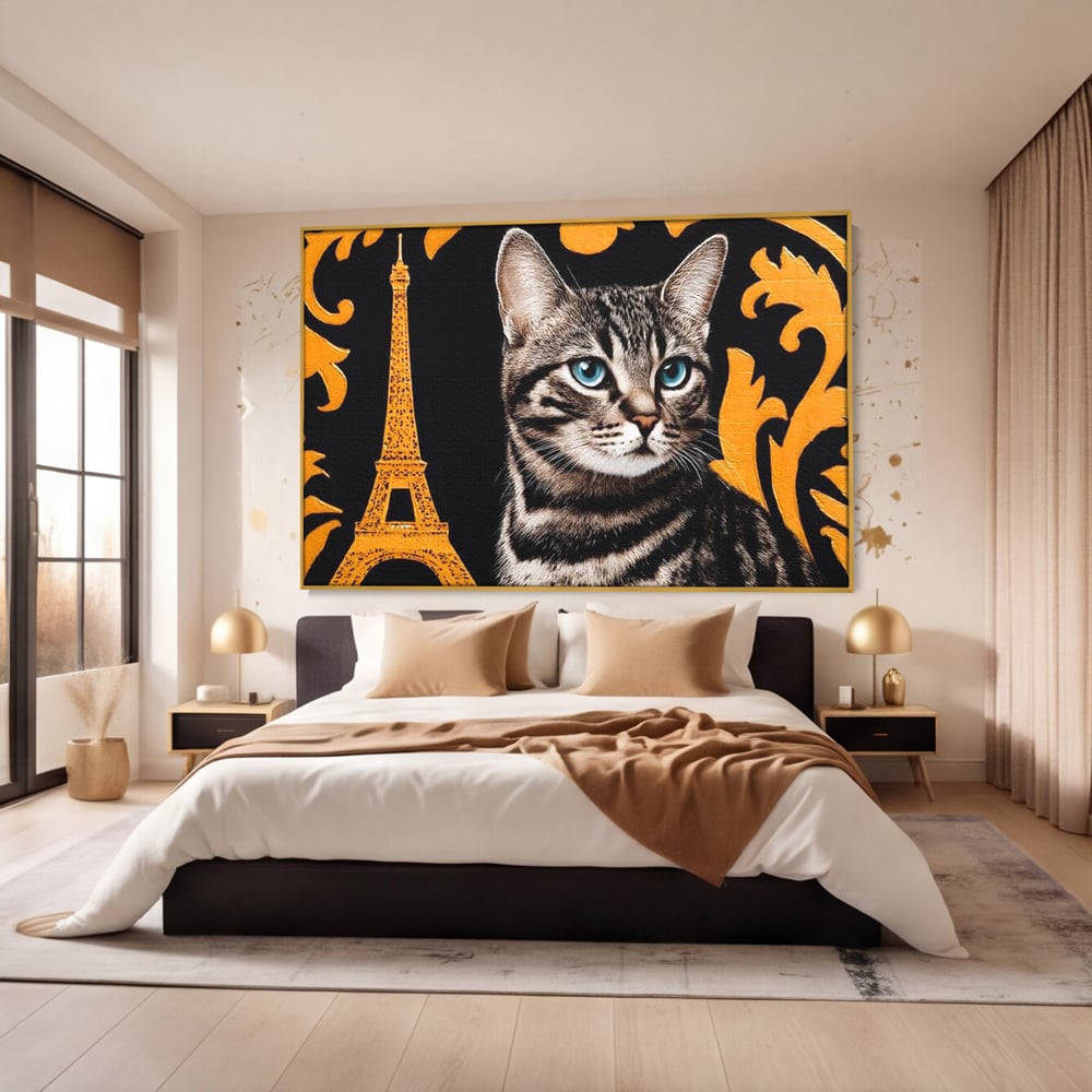 Tablou Canvas Premium, LuxCanva® M1194, Paris in Ochi Albastri, Pisica, Abstract, Franta, Dungi, Urban, Sofisticat, Desen, Blana, Felina, Auriu, Ochi, Birou, Living, Camera Copil