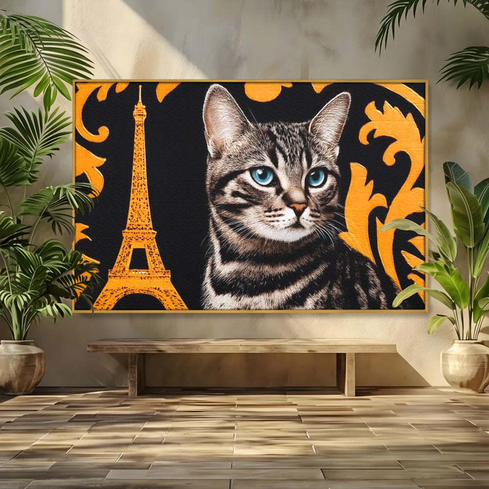 Tablou Canvas Premium, LuxCanva® M1194, Paris in Ochi Albastri, Pisica, Abstract, Franta, Dungi, Urban, Sofisticat, Desen, Blana, Felina, Auriu, Ochi, Birou, Living, Camera Copil