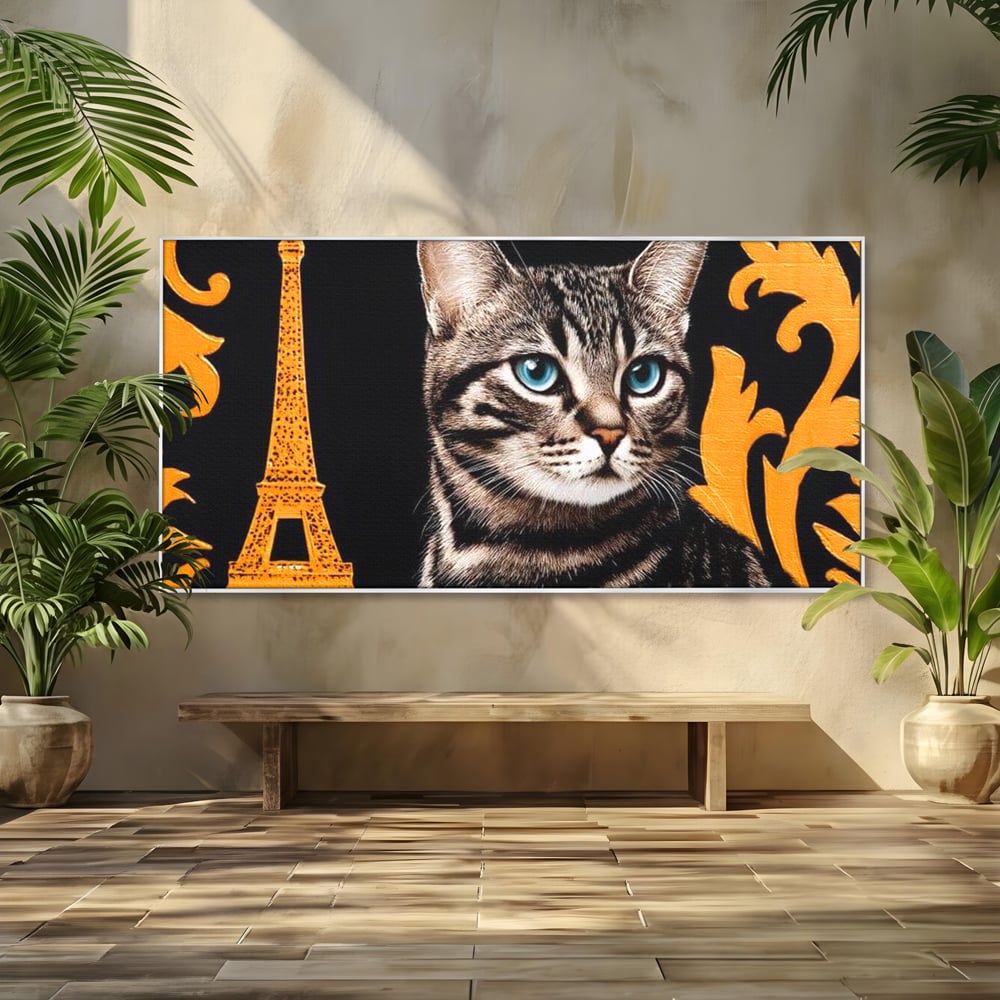 Tablou Canvas Premium, LuxCanva® M1194, Paris in Ochi Albastri, Pisica, Abstract, Franta, Dungi, Urban, Sofisticat, Desen, Blana, Felina, Auriu, Ochi, Birou, Living, Camera Copil