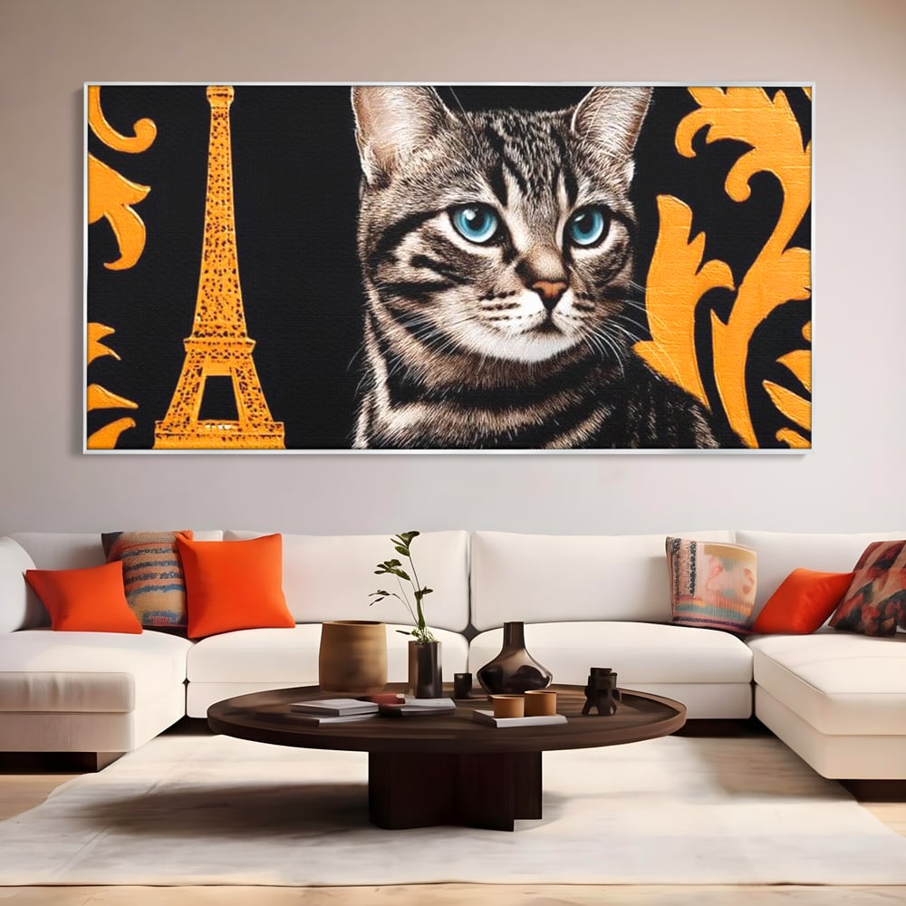 Tablou Canvas Premium, LuxCanva® M1194, Paris in Ochi Albastri, Pisica, Abstract, Franta, Dungi, Urban, Sofisticat, Desen, Blana, Felina, Auriu, Ochi, Birou, Living, Camera Copil