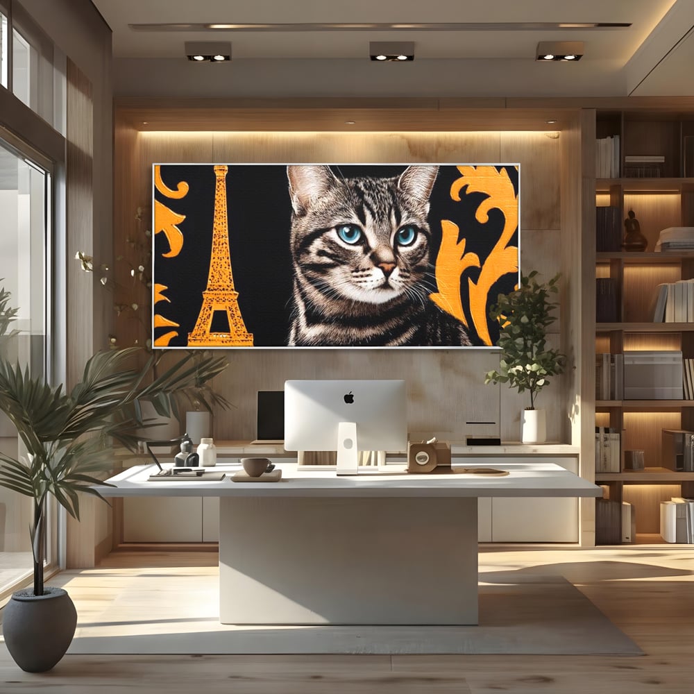 Tablou Canvas Premium, LuxCanva® M1194, Paris in Ochi Albastri, Pisica, Abstract, Franta, Dungi, Urban, Sofisticat, Desen, Blana, Felina, Auriu, Ochi, Birou, Living, Camera Copil