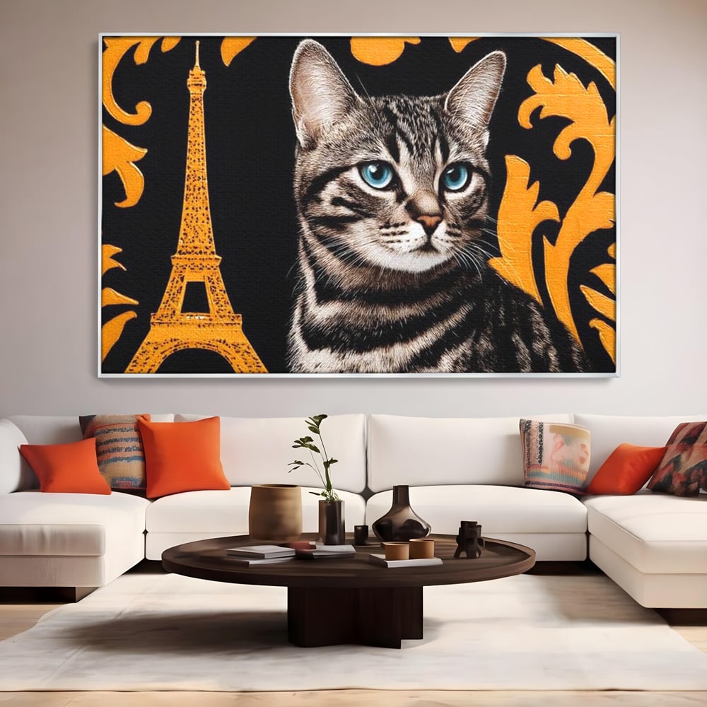 Tablou Canvas Premium, LuxCanva® M1194, Paris in Ochi Albastri, Pisica, Abstract, Franta, Dungi, Urban, Sofisticat, Desen, Blana, Felina, Auriu, Ochi, Birou, Living, Camera Copil