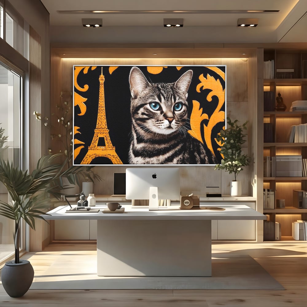 Tablou Canvas Premium, LuxCanva® M1194, Paris in Ochi Albastri, Pisica, Abstract, Franta, Dungi, Urban, Sofisticat, Desen, Blana, Felina, Auriu, Ochi, Birou, Living, Camera Copil