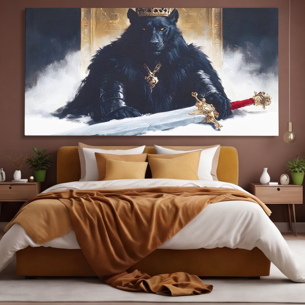 Tablou Canvas Premium, LuxCanva® M1195, Tronul Umbrelor, Pantera, Felina, Coroana, Sabie, Rege, Tron, Aur, Ceata, Mistic, Cavaler, Nobil, Putere, Birou, Living, Camera Copil