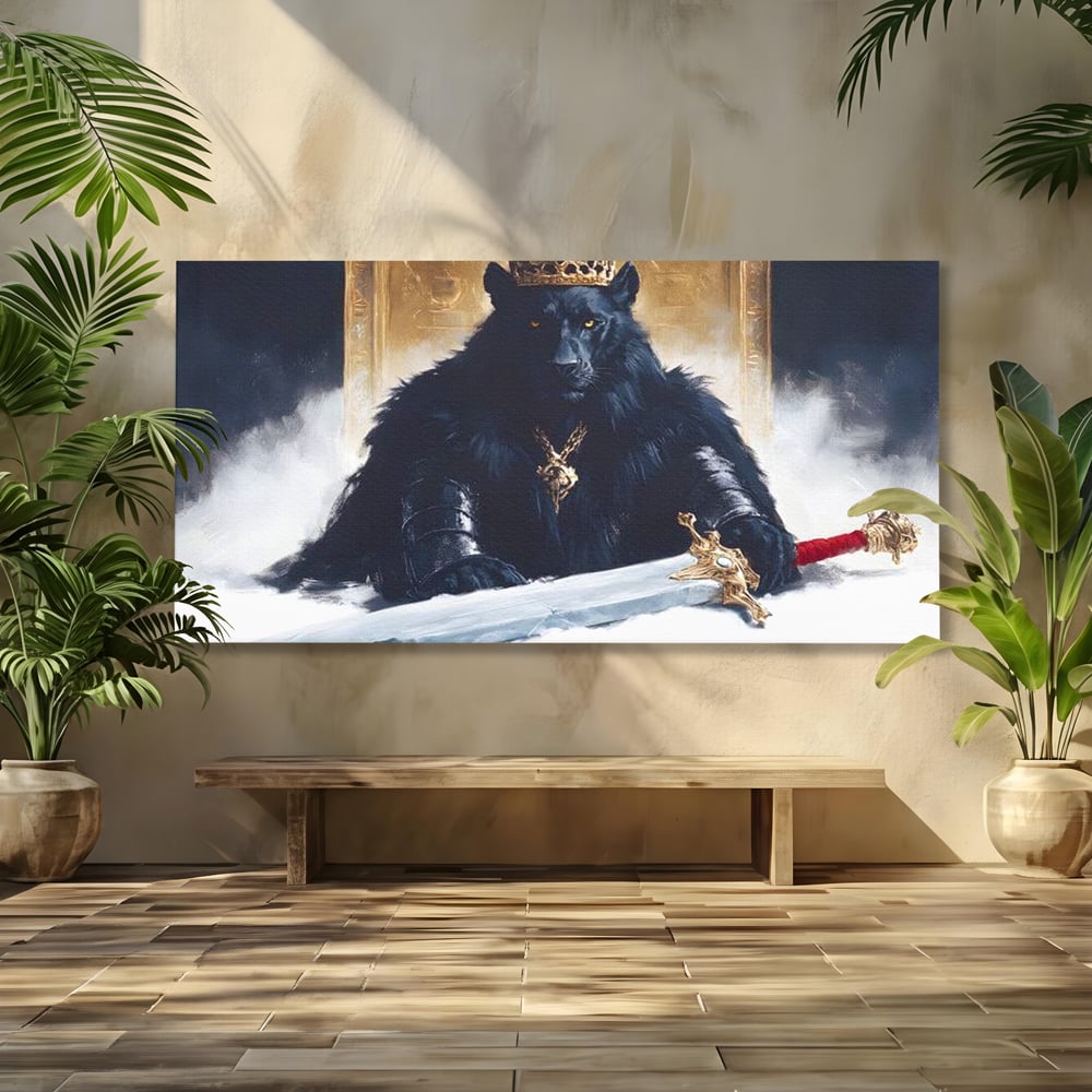Tablou Canvas Premium, LuxCanva® M1195, Tronul Umbrelor, Pantera, Felina, Coroana, Sabie, Rege, Tron, Aur, Ceata, Mistic, Cavaler, Nobil, Putere, Birou, Living, Camera Copil