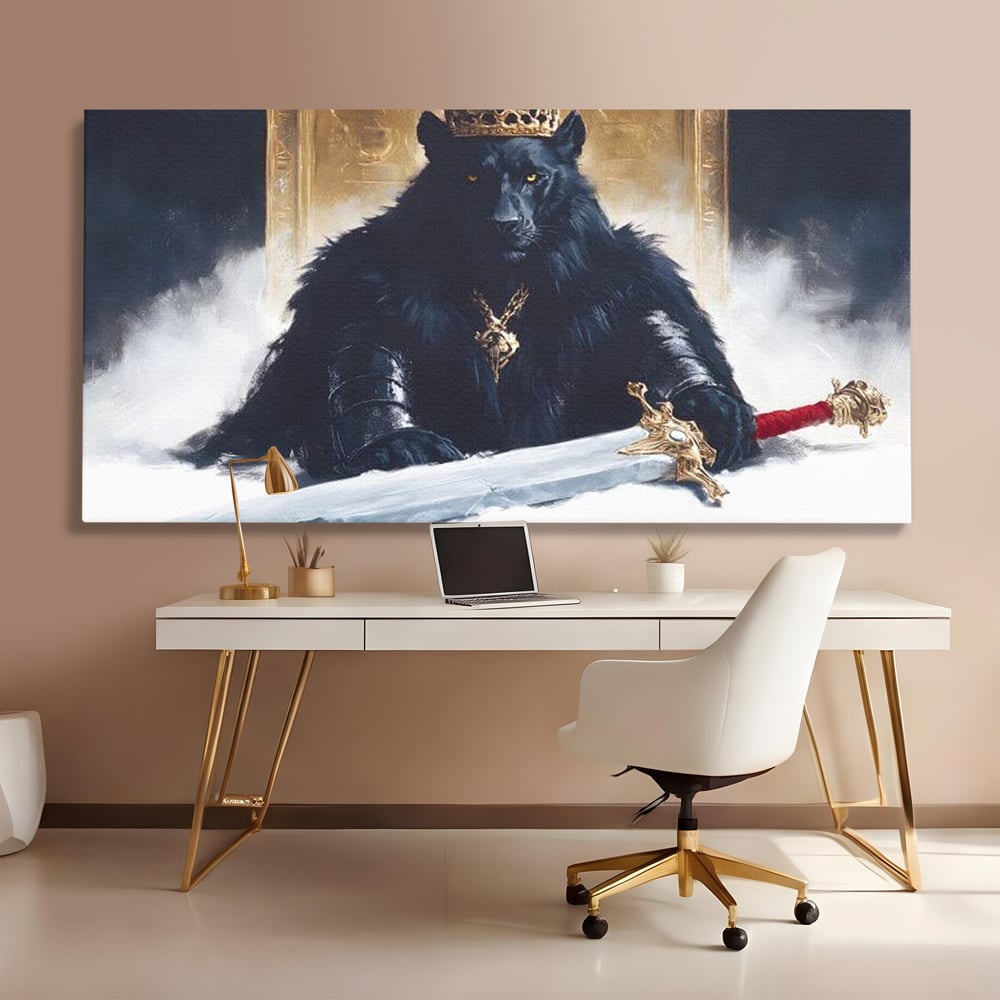 Tablou Canvas Premium, LuxCanva® M1195, Tronul Umbrelor, Pantera, Felina, Coroana, Sabie, Rege, Tron, Aur, Ceata, Mistic, Cavaler, Nobil, Putere, Birou, Living, Camera Copil