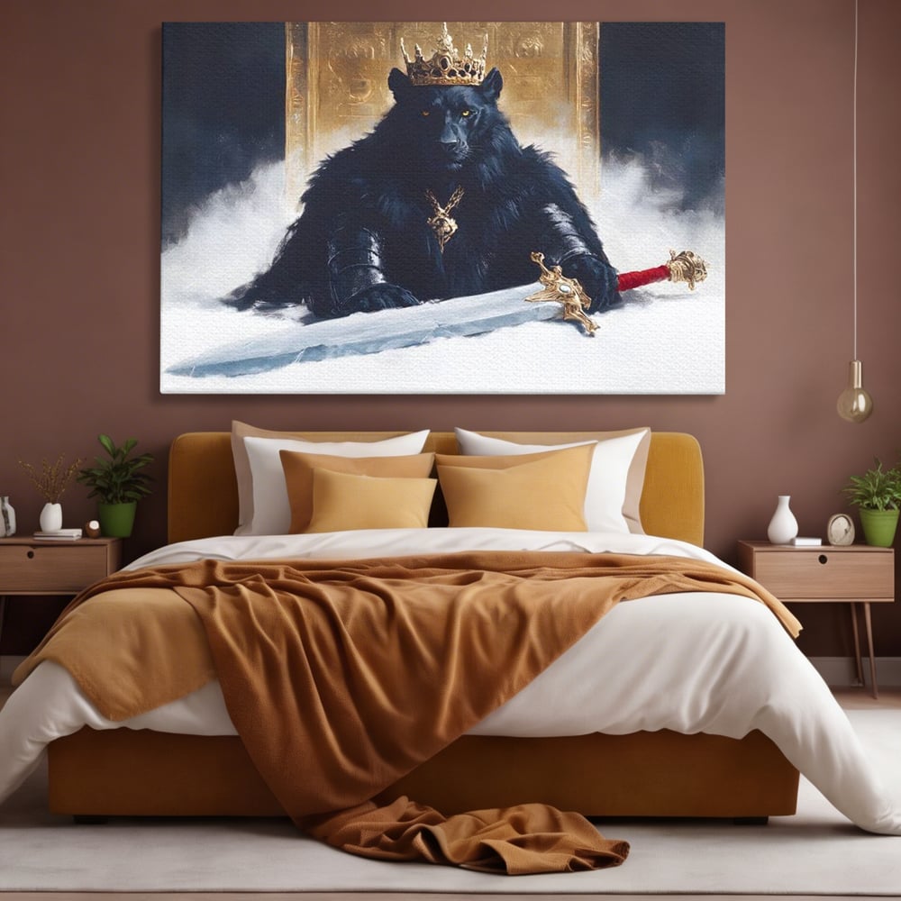 Tablou Canvas Premium, LuxCanva® M1195, Tronul Umbrelor, Pantera, Felina, Coroana, Sabie, Rege, Tron, Aur, Ceata, Mistic, Cavaler, Nobil, Putere, Birou, Living, Camera Copil