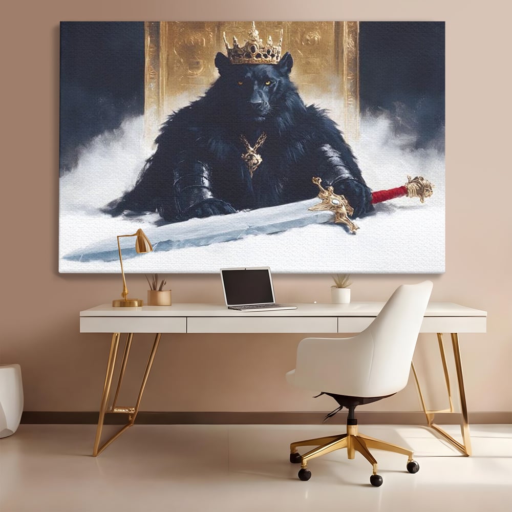 Tablou Canvas Premium, LuxCanva® M1195, Tronul Umbrelor, Pantera, Felina, Coroana, Sabie, Rege, Tron, Aur, Ceata, Mistic, Cavaler, Nobil, Putere, Birou, Living, Camera Copil