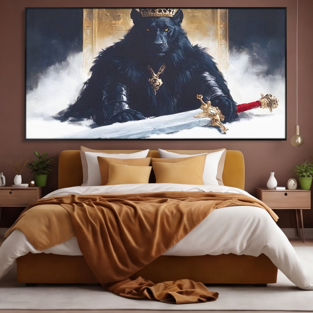 Tablou Canvas Premium, LuxCanva® M1195, Tronul Umbrelor, Pantera, Felina, Coroana, Sabie, Rege, Tron, Aur, Ceata, Mistic, Cavaler, Nobil, Putere, Birou, Living, Camera Copil