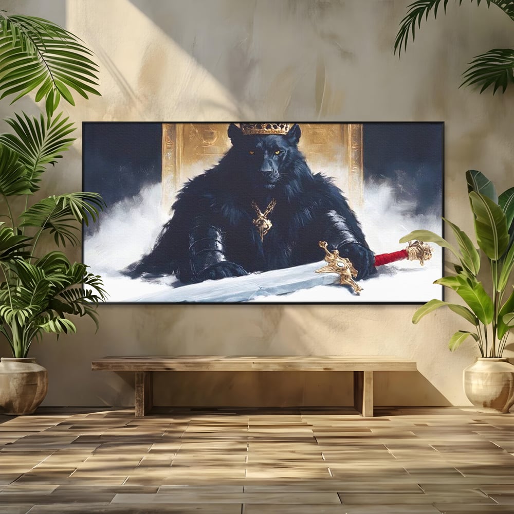 Tablou Canvas Premium, LuxCanva® M1195, Tronul Umbrelor, Pantera, Felina, Coroana, Sabie, Rege, Tron, Aur, Ceata, Mistic, Cavaler, Nobil, Putere, Birou, Living, Camera Copil