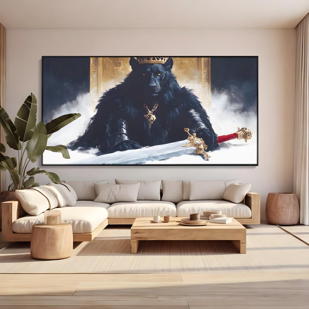Tablou Canvas Premium, LuxCanva® M1195, Tronul Umbrelor, Pantera, Felina, Coroana, Sabie, Rege, Tron, Aur, Ceata, Mistic, Cavaler, Nobil, Putere, Birou, Living, Camera Copil