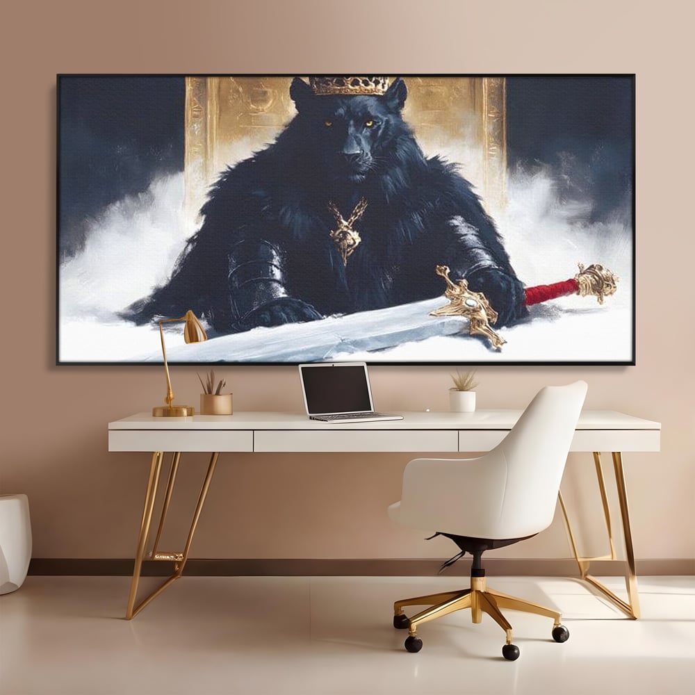 Tablou Canvas Premium, LuxCanva® M1195, Tronul Umbrelor, Pantera, Felina, Coroana, Sabie, Rege, Tron, Aur, Ceata, Mistic, Cavaler, Nobil, Putere, Birou, Living, Camera Copil
