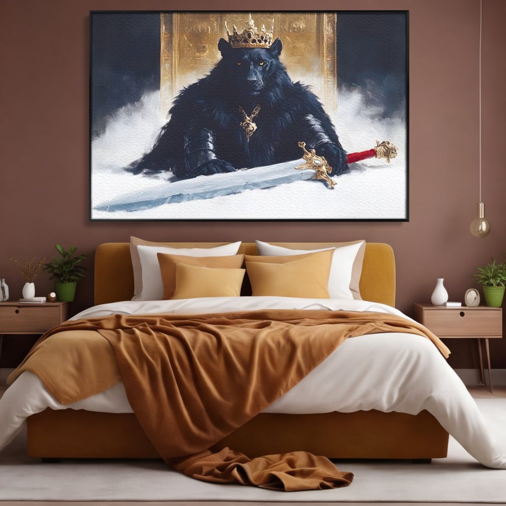 Tablou Canvas Premium, LuxCanva® M1195, Tronul Umbrelor, Pantera, Felina, Coroana, Sabie, Rege, Tron, Aur, Ceata, Mistic, Cavaler, Nobil, Putere, Birou, Living, Camera Copil