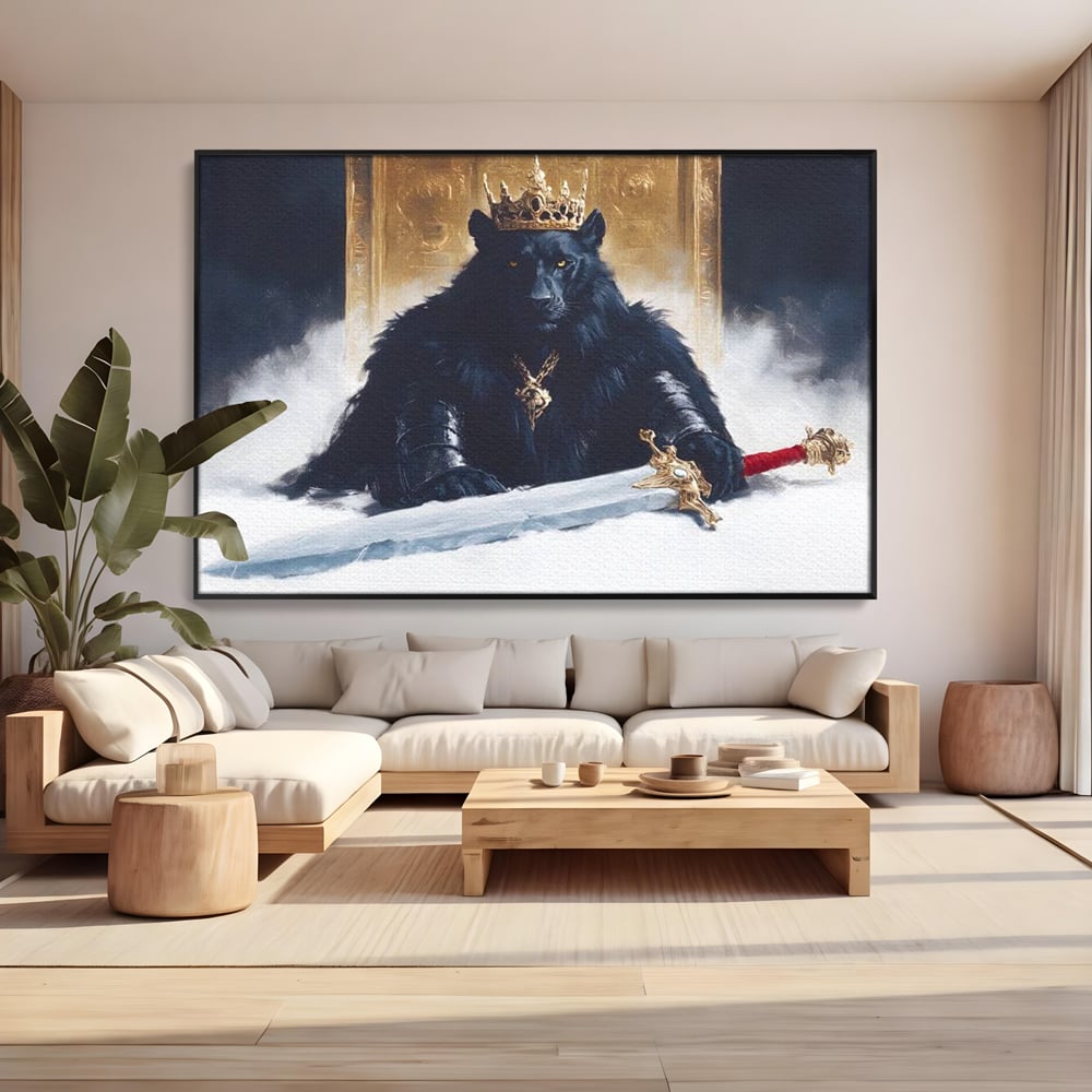 Tablou Canvas Premium, LuxCanva® M1195, Tronul Umbrelor, Pantera, Felina, Coroana, Sabie, Rege, Tron, Aur, Ceata, Mistic, Cavaler, Nobil, Putere, Birou, Living, Camera Copil