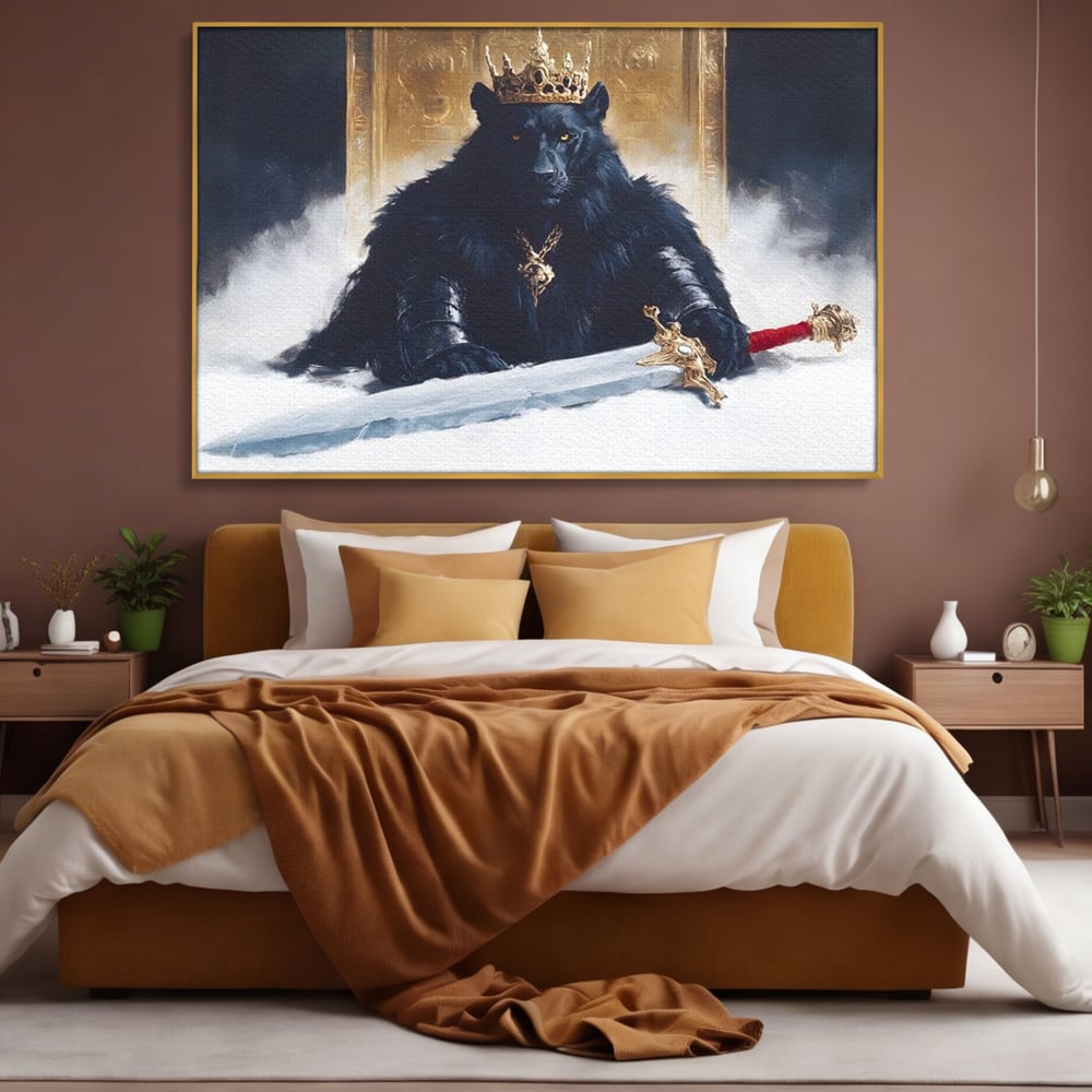 Tablou Canvas Premium, LuxCanva® M1195, Tronul Umbrelor, Pantera, Felina, Coroana, Sabie, Rege, Tron, Aur, Ceata, Mistic, Cavaler, Nobil, Putere, Birou, Living, Camera Copil