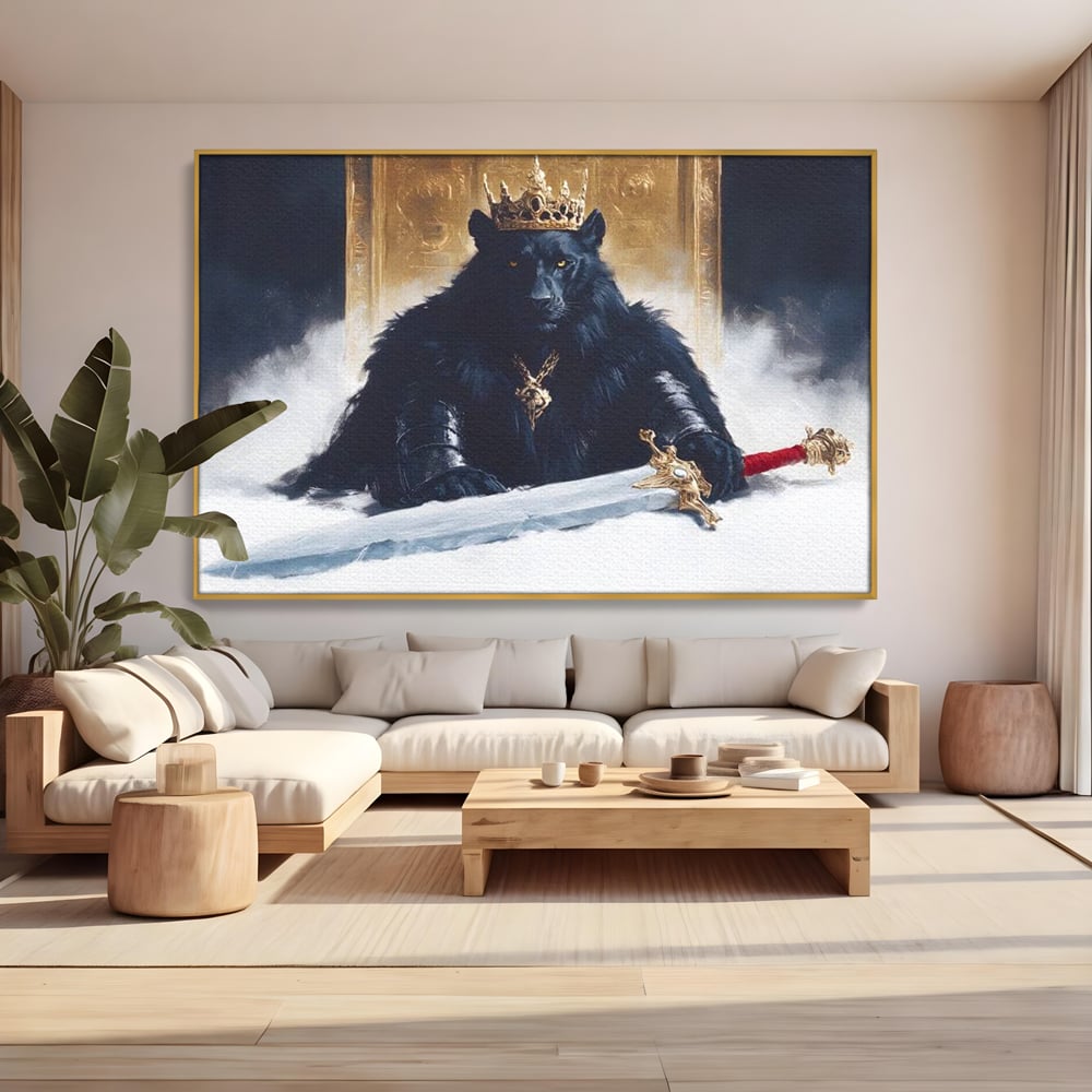 Tablou Canvas Premium, LuxCanva® M1195, Tronul Umbrelor, Pantera, Felina, Coroana, Sabie, Rege, Tron, Aur, Ceata, Mistic, Cavaler, Nobil, Putere, Birou, Living, Camera Copil