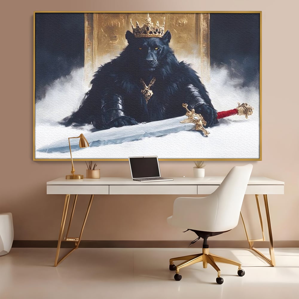 Tablou Canvas Premium, LuxCanva® M1195, Tronul Umbrelor, Pantera, Felina, Coroana, Sabie, Rege, Tron, Aur, Ceata, Mistic, Cavaler, Nobil, Putere, Birou, Living, Camera Copil