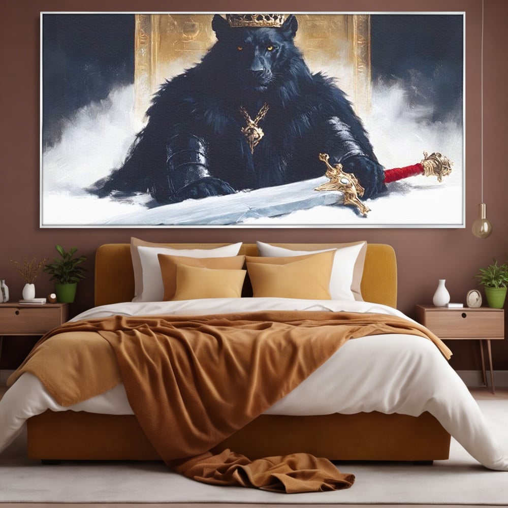 Tablou Canvas Premium, LuxCanva® M1195, Tronul Umbrelor, Pantera, Felina, Coroana, Sabie, Rege, Tron, Aur, Ceata, Mistic, Cavaler, Nobil, Putere, Birou, Living, Camera Copil