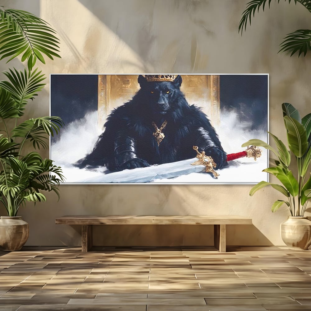 Tablou Canvas Premium, LuxCanva® M1195, Tronul Umbrelor, Pantera, Felina, Coroana, Sabie, Rege, Tron, Aur, Ceata, Mistic, Cavaler, Nobil, Putere, Birou, Living, Camera Copil