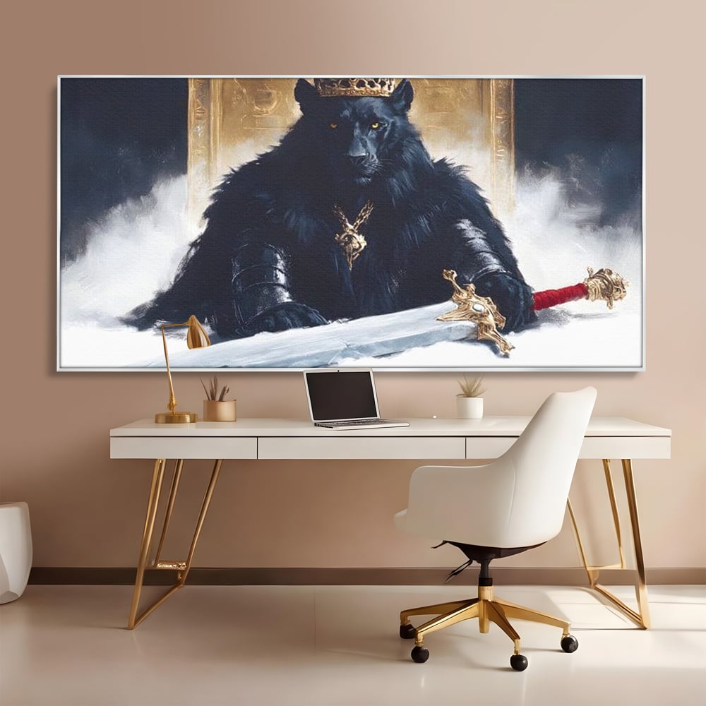 Tablou Canvas Premium, LuxCanva® M1195, Tronul Umbrelor, Pantera, Felina, Coroana, Sabie, Rege, Tron, Aur, Ceata, Mistic, Cavaler, Nobil, Putere, Birou, Living, Camera Copil