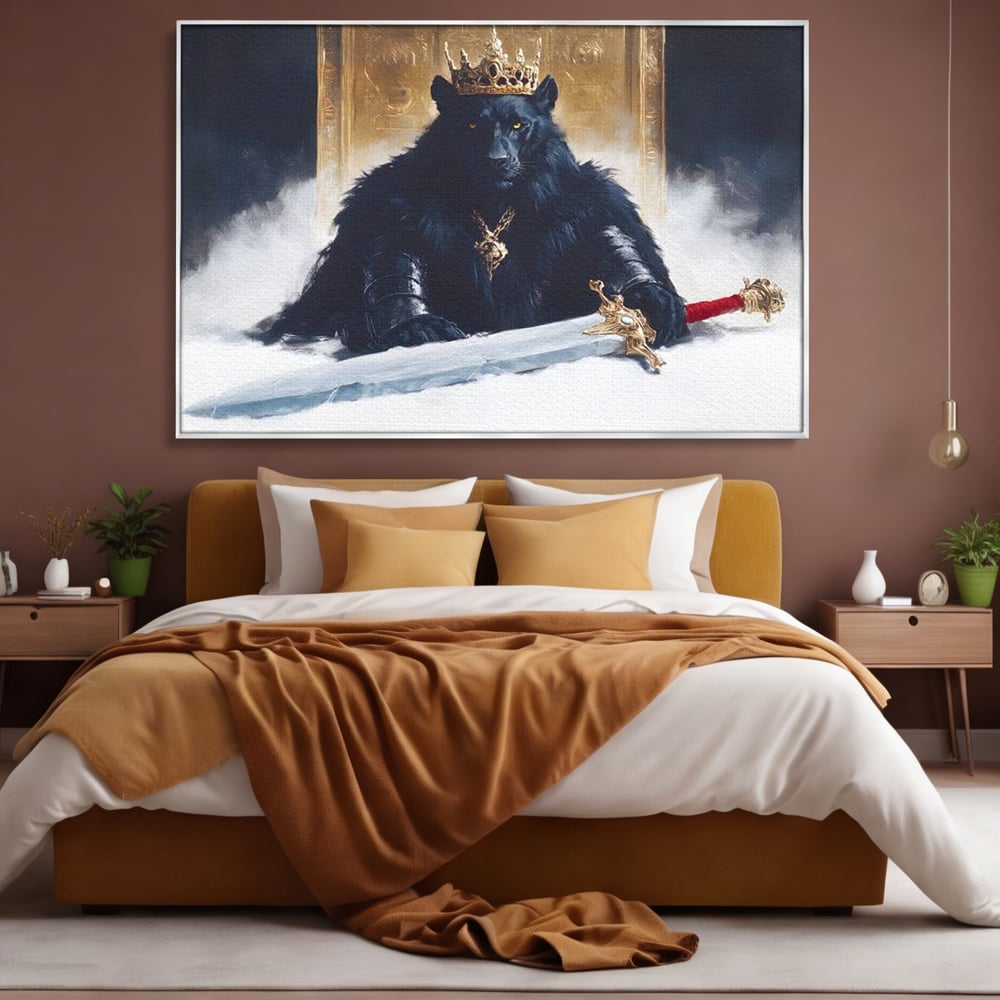 Tablou Canvas Premium, LuxCanva® M1195, Tronul Umbrelor, Pantera, Felina, Coroana, Sabie, Rege, Tron, Aur, Ceata, Mistic, Cavaler, Nobil, Putere, Birou, Living, Camera Copil