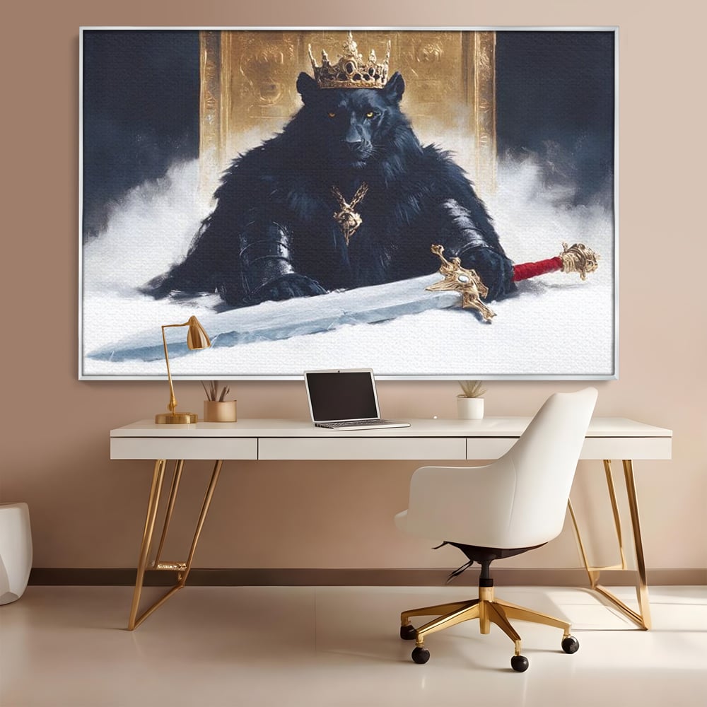 Tablou Canvas Premium, LuxCanva® M1195, Tronul Umbrelor, Pantera, Felina, Coroana, Sabie, Rege, Tron, Aur, Ceata, Mistic, Cavaler, Nobil, Putere, Birou, Living, Camera Copil