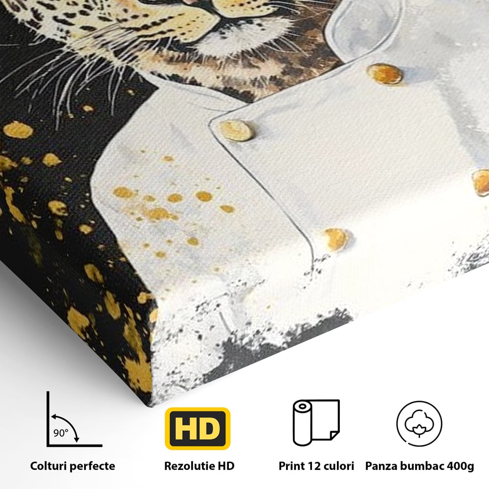 Leinwand Wandkunst Canvas Premium, LuxCanva® M1196, Safari Küche, Leopard, Koch, Kostüm, Feline, Küche, Restaurant, Pete, Exotisch, Savanne, Portrait, Büro, Wohnen, Wohnzimmer, Babyzimmer