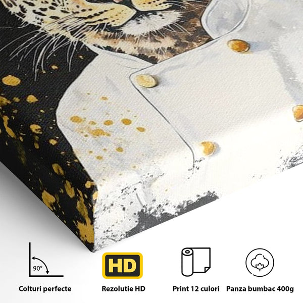 Leinwand Wandkunst Canvas Premium, LuxCanva® M1196, Safari Küche, Leopard, Koch, Kostüm, Feline, Küche, Restaurant, Pete, Exotisch, Savanne, Portrait, Büro, Wohnen, Wohnzimmer, Babyzimmer