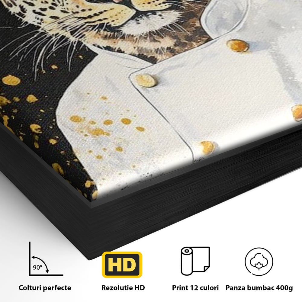 Leinwand Wandkunst Canvas Premium, LuxCanva® M1196, Safari Küche, Leopard, Koch, Kostüm, Feline, Küche, Restaurant, Pete, Exotisch, Savanne, Portrait, Büro, Wohnen, Wohnzimmer, Babyzimmer