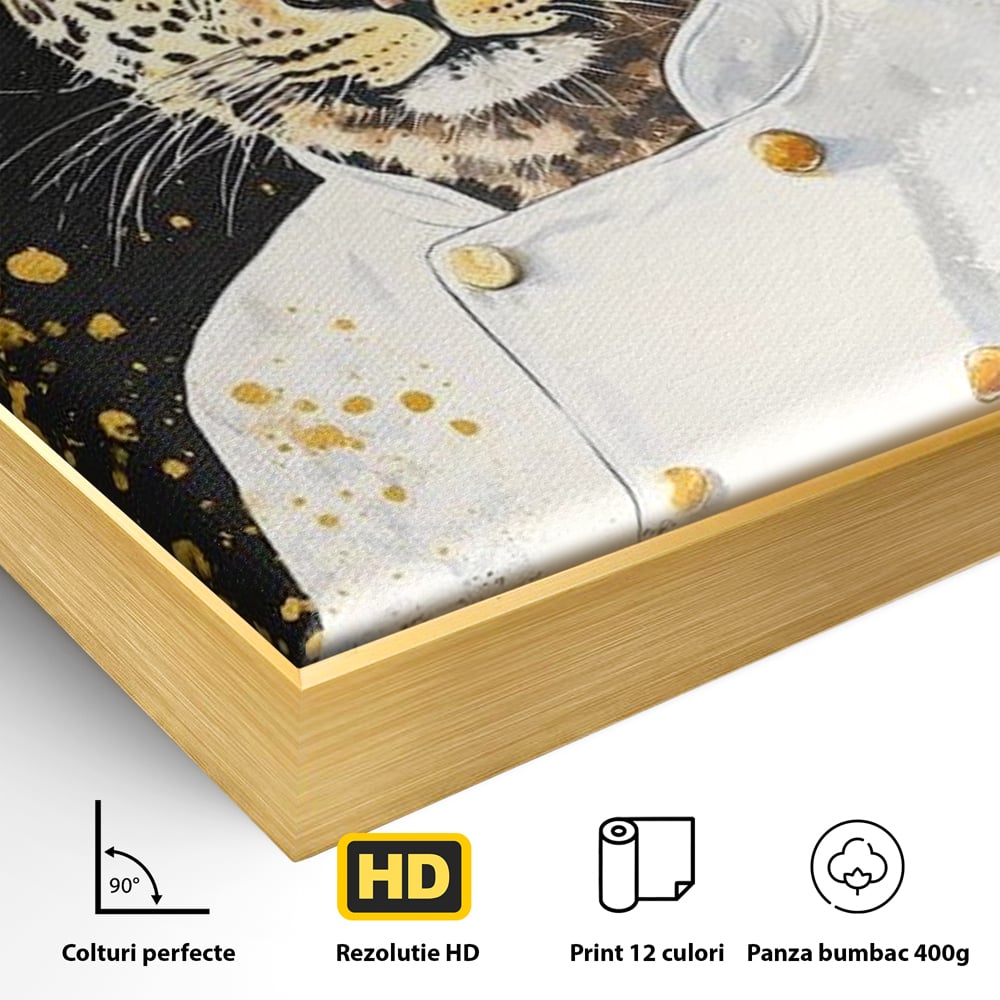 Leinwand Wandkunst Canvas Premium, LuxCanva® M1196, Safari Küche, Leopard, Koch, Kostüm, Feline, Küche, Restaurant, Pete, Exotisch, Savanne, Portrait, Büro, Wohnen, Wohnzimmer, Babyzimmer