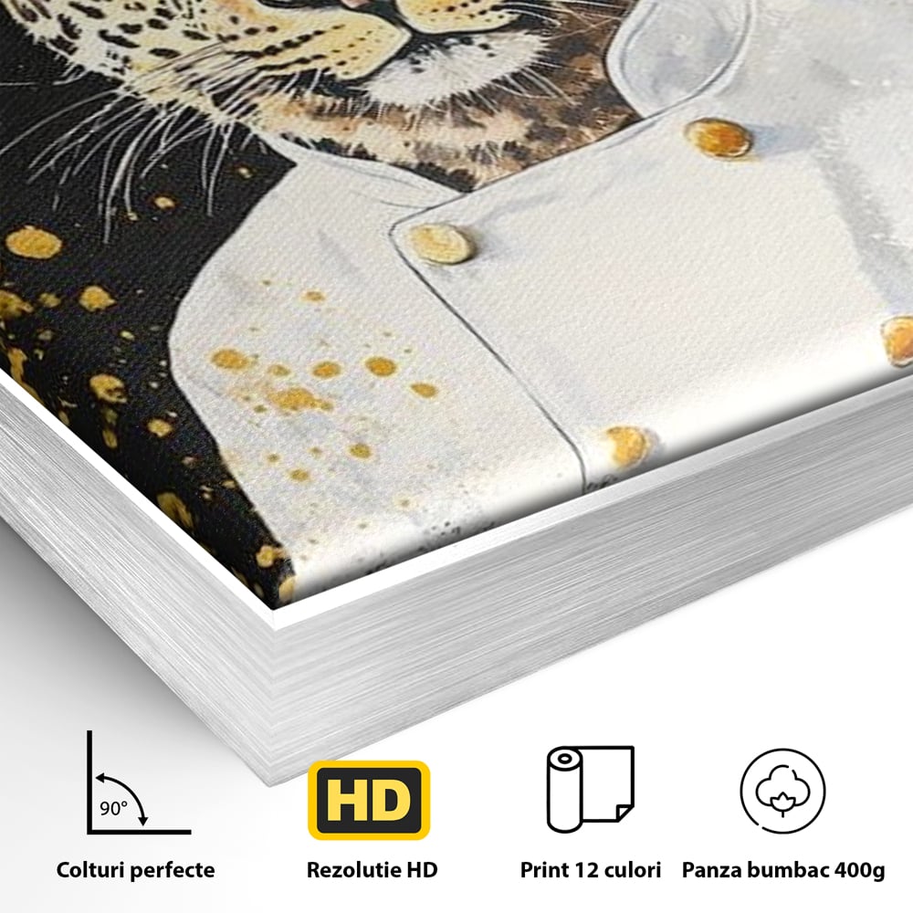 Leinwand Wandkunst Canvas Premium, LuxCanva® M1196, Safari Küche, Leopard, Koch, Kostüm, Feline, Küche, Restaurant, Pete, Exotisch, Savanne, Portrait, Büro, Wohnen, Wohnzimmer, Babyzimmer