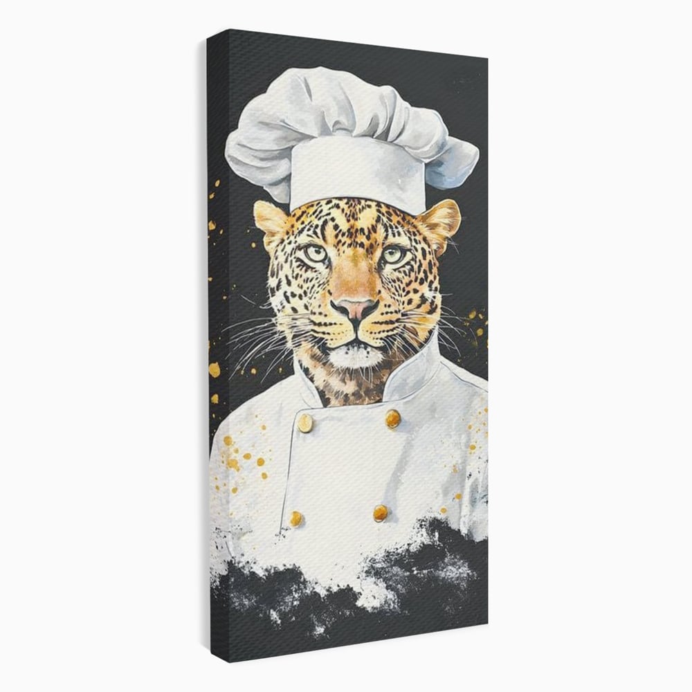 Leinwand Wandkunst Canvas Premium, LuxCanva® M1196, Safari Küche, Leopard, Koch, Kostüm, Feline, Küche, Restaurant, Pete, Exotisch, Savanne, Portrait, Büro, Wohnen, Wohnzimmer, Babyzimmer