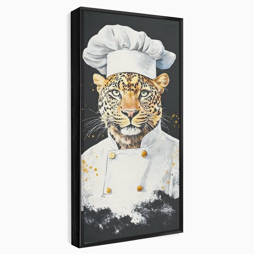 Leinwand Wandkunst Canvas Premium, LuxCanva® M1196, Safari Küche, Leopard, Koch, Kostüm, Feline, Küche, Restaurant, Pete, Exotisch, Savanne, Portrait, Büro, Wohnen, Wohnzimmer, Babyzimmer