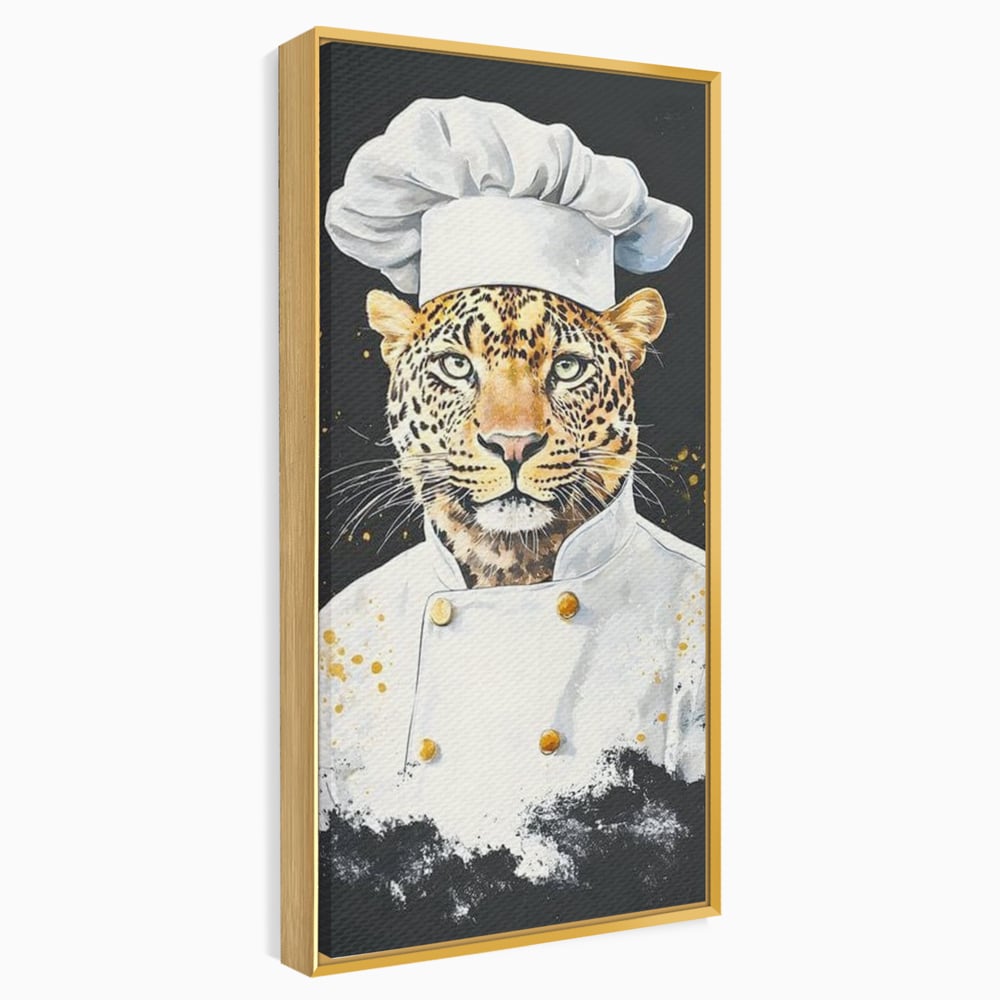 Leinwand Wandkunst Canvas Premium, LuxCanva® M1196, Safari Küche, Leopard, Koch, Kostüm, Feline, Küche, Restaurant, Pete, Exotisch, Savanne, Portrait, Büro, Wohnen, Wohnzimmer, Babyzimmer