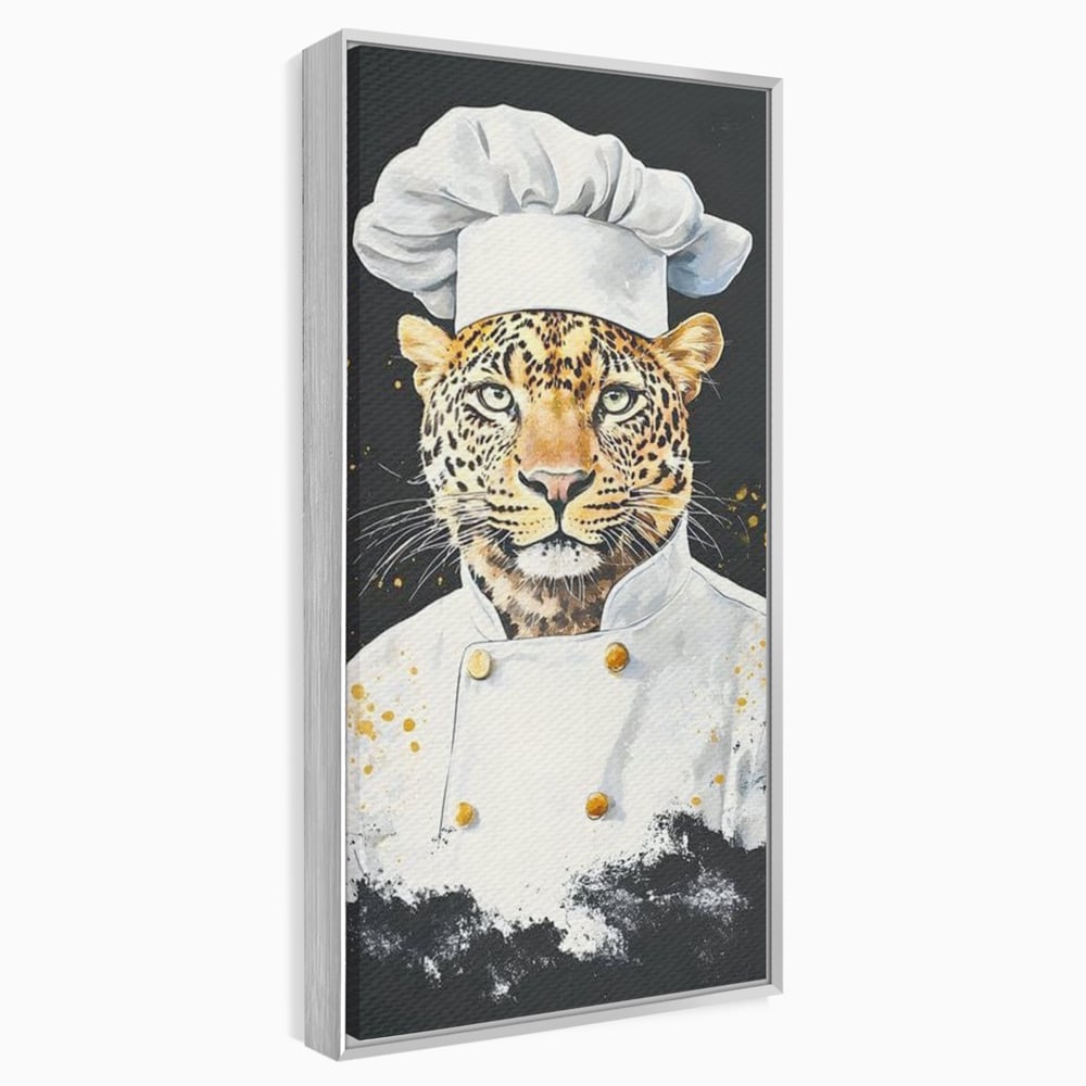 Leinwand Wandkunst Canvas Premium, LuxCanva® M1196, Safari Küche, Leopard, Koch, Kostüm, Feline, Küche, Restaurant, Pete, Exotisch, Savanne, Portrait, Büro, Wohnen, Wohnzimmer, Babyzimmer