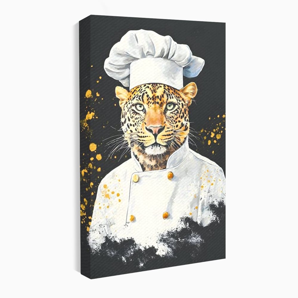 Leinwand Wandkunst Canvas Premium, LuxCanva® M1196, Safari Küche, Leopard, Koch, Kostüm, Feline, Küche, Restaurant, Pete, Exotisch, Savanne, Portrait, Büro, Wohnen, Wohnzimmer, Babyzimmer